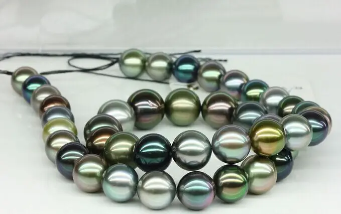 

19" 18"11-12mm Tahitian genuine black peacock green multicolor round pearl necklace (0926)