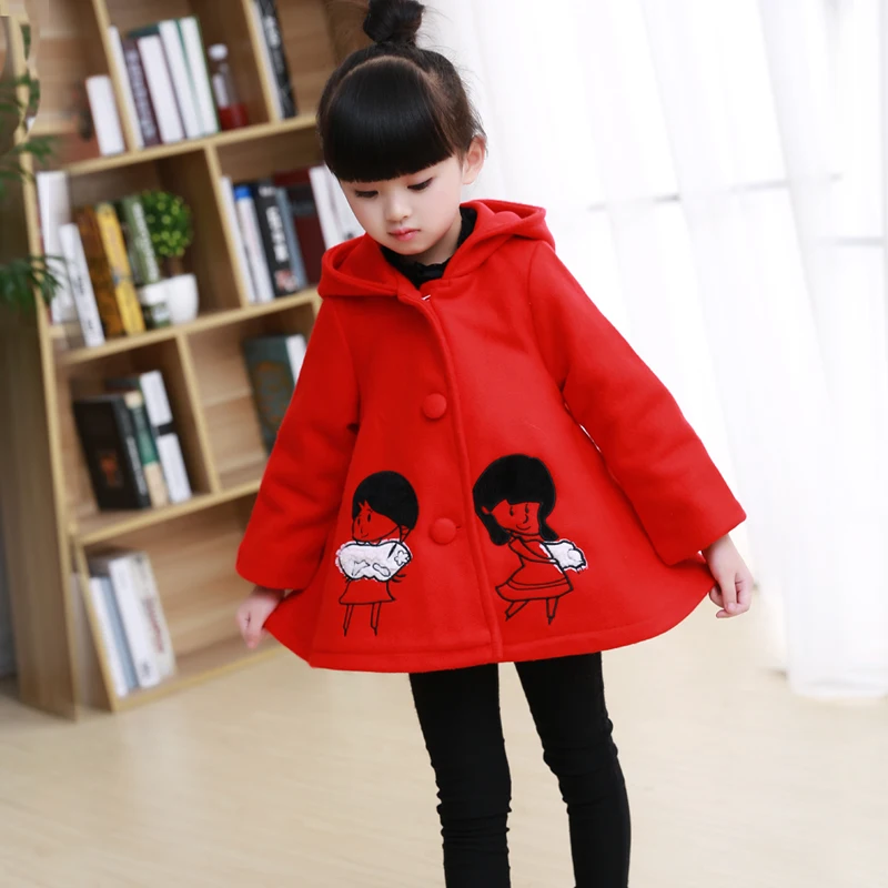 Для девочек шерстяная верхняя одежда детская одежда осенние и зимние маленький ребенок с капюшоном шерстяное пальто средней длины пальто - Цвет: Красный