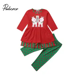 Милые Детская Одежда для маленьких девочек Футболка с оленями Топ +платье-пачка штаны в горошек Леггинсы Одежда Рождественская хлопковая