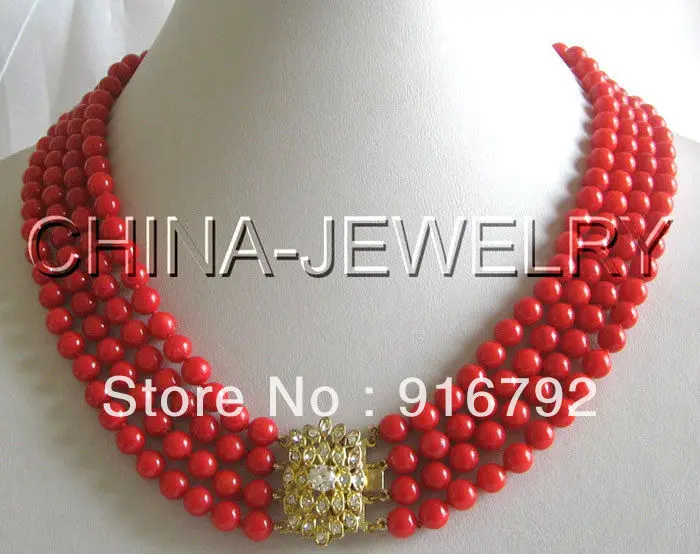 

4row AAA+ 7mm perfect round red coral necklace -9k zirc
