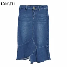 LXMSTH Saia Миди женская джинсовая юбка с высокой талией джинсовая юбка-карандаш весна стрейч большого размера обтягивающее платье, расширяющееся книзу и юбка русалки