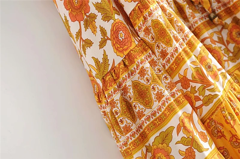 Винтажное шикарное женское желтое пляжное богемное Платье макси с цветочным принтом и рукавом «летучая мышь», женское летнее платье с v-образным вырезом и кисточками в стиле бохо, vestidos