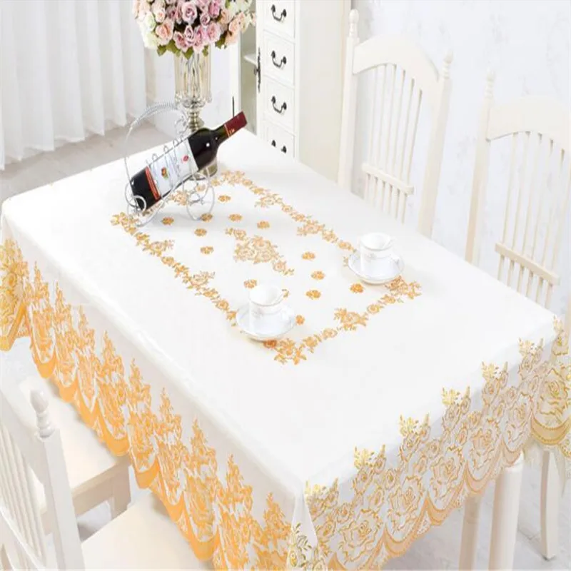 

Free Shipping Hot 135x180cm Rose Flower Golden Colour Cheap PVC Tablecloth Water Oil Proof Kitchen Cover Antependium Mom Gift
