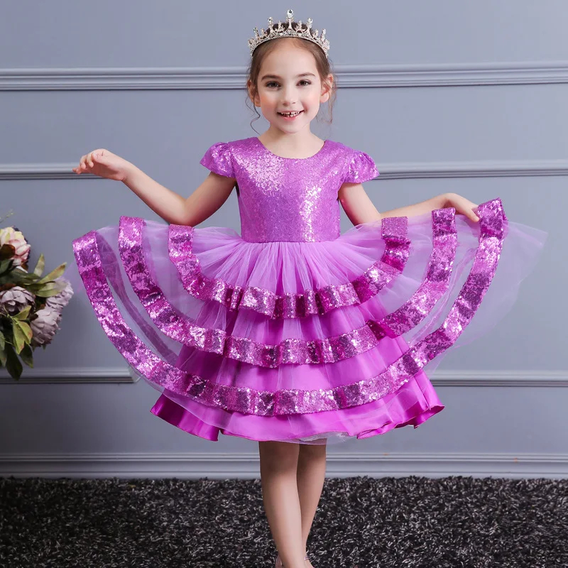 

Free Shipping Retail toddlers Little Girl's New Sequiin Tiers Party Dress Wedding dress Gauze Children Valentine's Day Wear