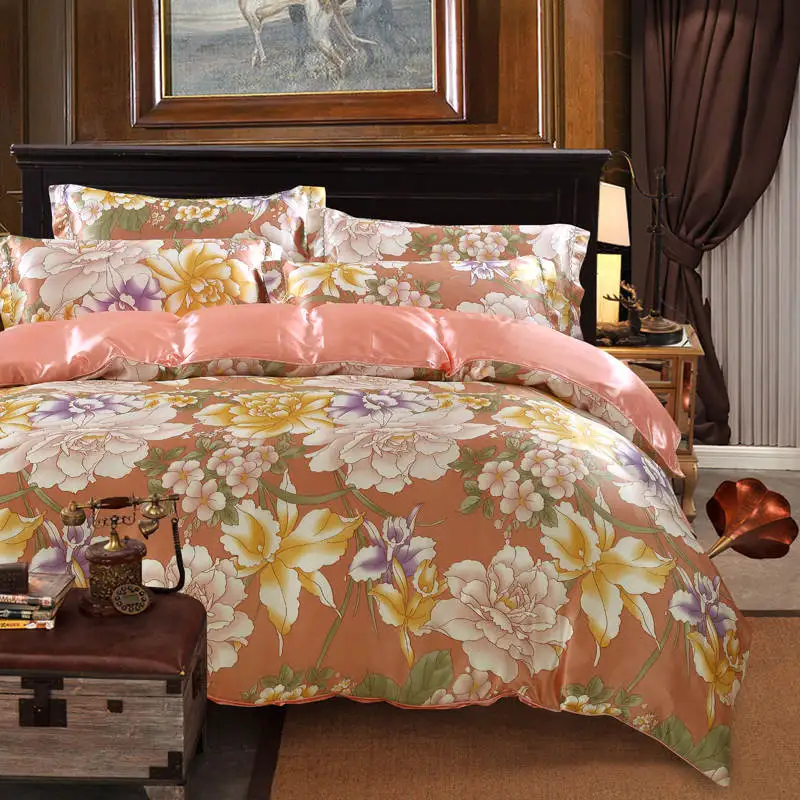 

satin silk bedding set bedspread coverlets duvet covers sets twin full queen king size pink peony flower woven Girls home linens