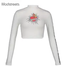 Modstreets 2019 новые водолазки топы женские весенние буквы с длинным рукавом в форме сердца тонкие футболки для девочек белые короткие рубашки