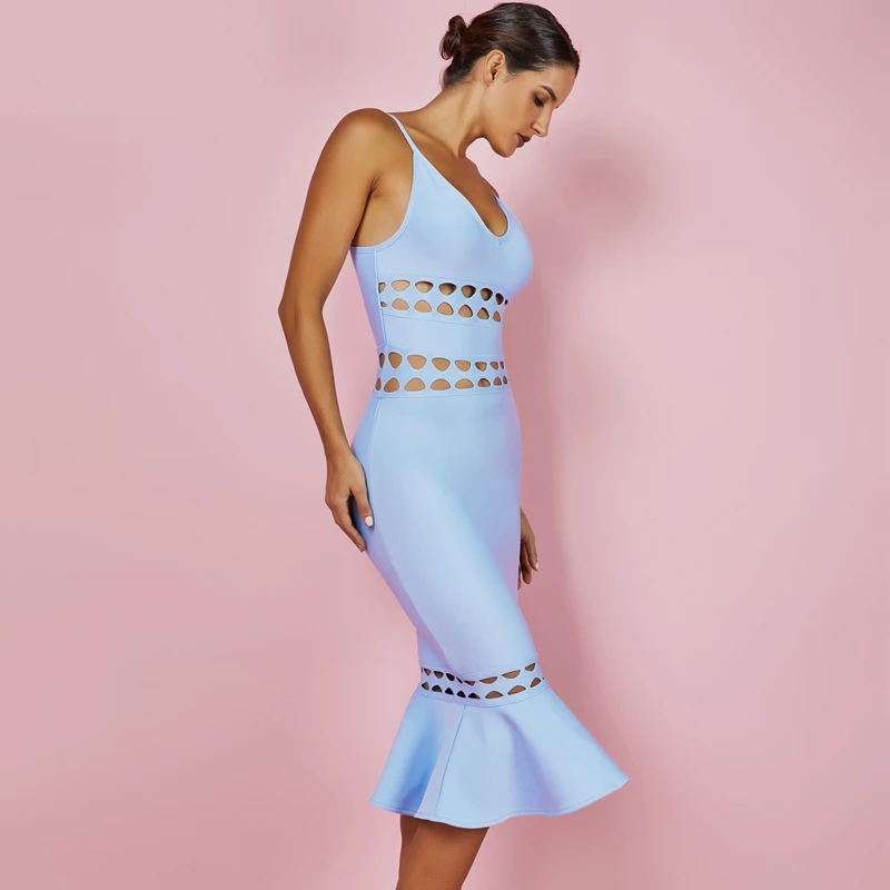 Ocstrade XL ضمادة فساتين 2019 الوافدين الجدد الصيف النساء ضوء الأزرق قطع التفاصيل حورية البحر Bodycon ضمادة اللباس نادي الحزب