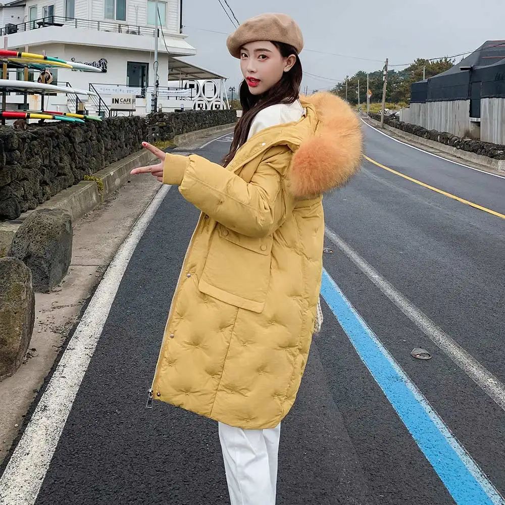 PinkyIsBlack/зимняя куртка для женщин, Длинные парки, большой меховой воротник, с капюшоном, сплошной цвет, плотный пуховик, хлопок, зимнее женское уличное пальто - Цвет: Цвет: желтый