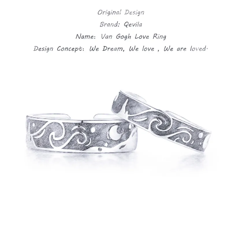 Qevila Van Gogh Enamel couple rings Sky Star moon S925 Silver Glitter Rings Engagement Ring Wedding Jewelry For Women Gift Boho (2)