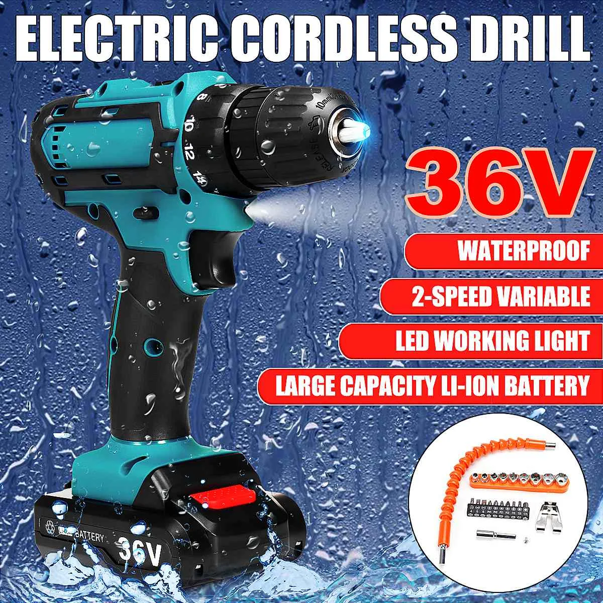 

36V Cordless Wrench Drill Rechargeable Lithium Battery Screwdriver Double-Speed Adjustment LED Lighting Woodworking power Tools