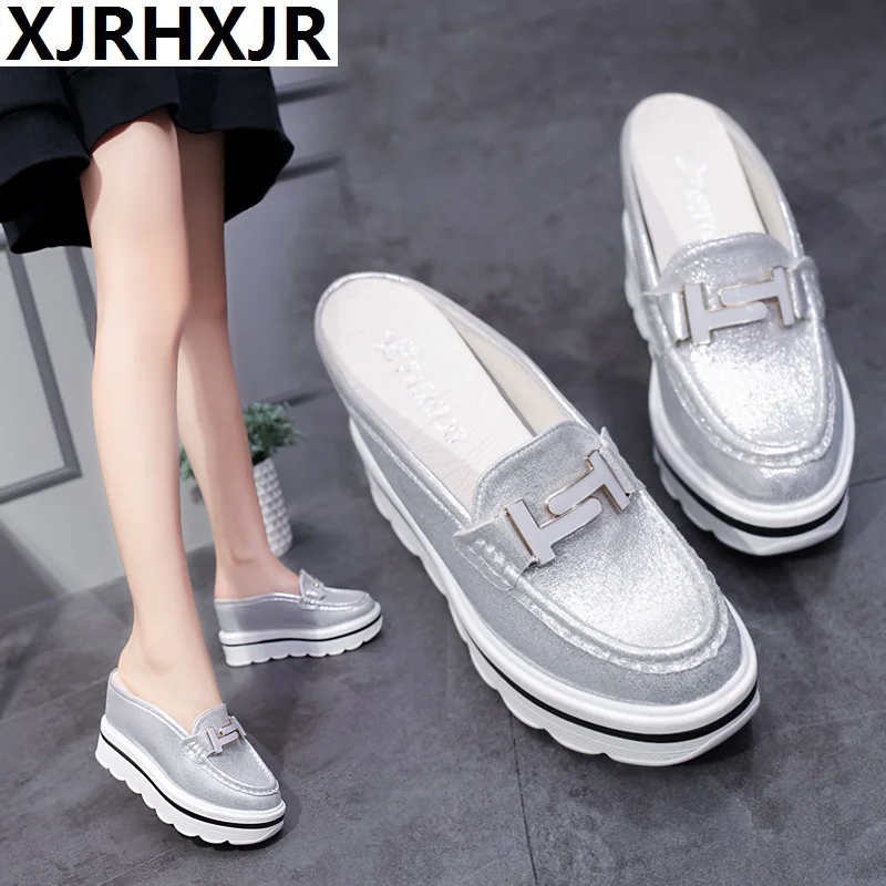 

2019 New Summer Fashion 10cm High Platform Sandals Women Round Hlaf Sandals Sweet Metal Thick Wedge Heels ladies Sandals Shoes