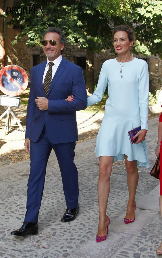 Eenvoudige Korte Moeder van de Bruid Jurken voor Bruiloft 2019 Asymmetrische Lange Mouwen Sky Blue Ruches vestido de madrinha farsali Eenvoudige Korte Moeder van de Bruid Jurken voor Bruiloft 2019 Asymmetrische Lange Mouwen Sky Blue Ruches vestido de madrinha farsali