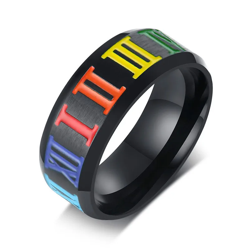 

8MM Titanium Steel Men's Ring Gay Pride Roman Digital Rainbow Ring Black Colorful Male Fashion Jewelry