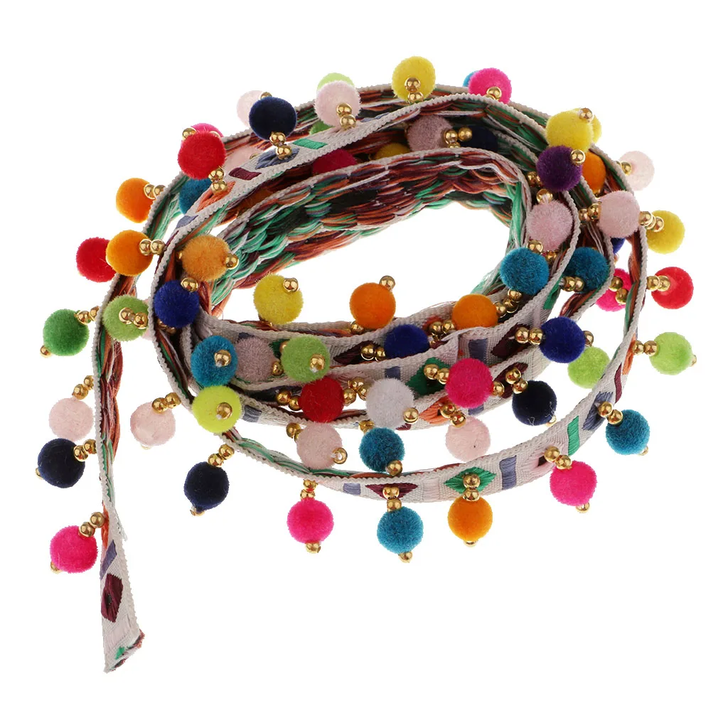 2 Pieces 1 Yard Rainbow Ball Tassel Ribbon Fringe Trimming DIY Apparel Braided Lace Ribbon Sewing Craft Projects