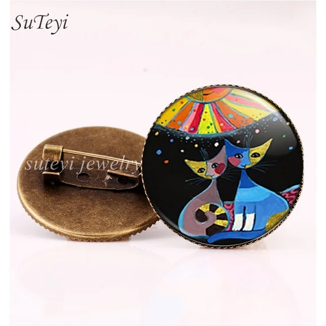 SUTEYI Cartoon Cat Brooches Lovely Crystal Jewelry Wearable Art Charms Baby Cat Glass Dome Animal Brooch Pins Cute Gifts 2