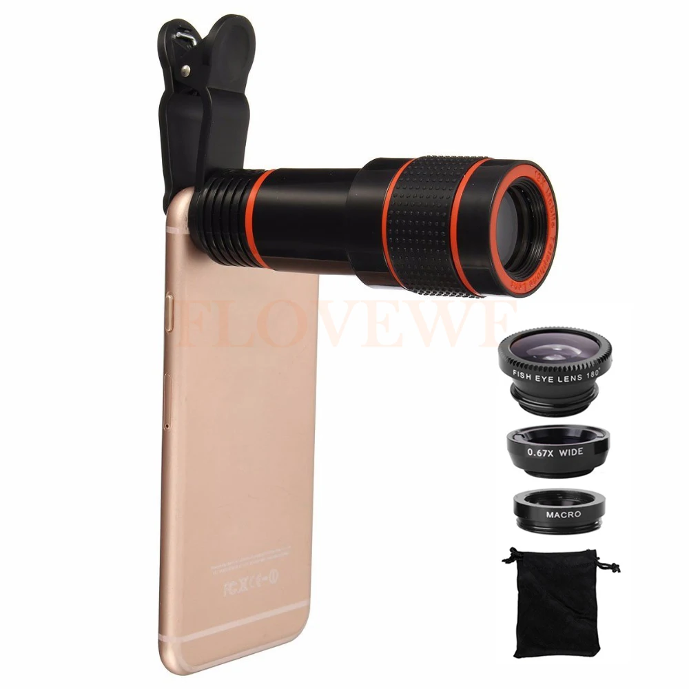 Phone Lenses Kit 12X Telephoto Zoom Lentes Telescope Fisheye Wide Angle