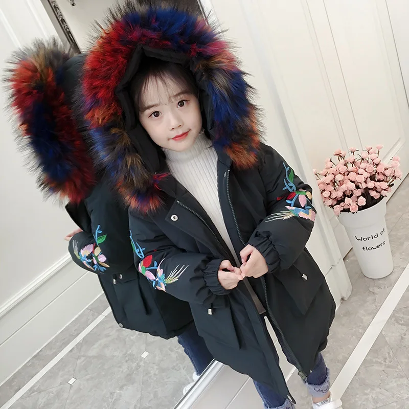 Rlyaeiz/зимние куртки для девочек; коллекция года; Модное теплое плотное зимнее пальто для девочек; Высококачественная парка с вышитым меховым воротником и рукавами