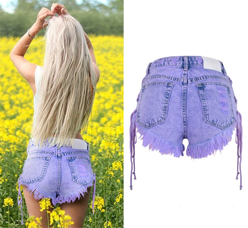 С завышенной талией Мини-джинсы, шорты для Для женщин моды, со шнуровкой сбоку; повязки Джинсовые шорты рваные туфли-лодочки, украшенные кисточками летняя фиолетовая футболка с короткими