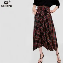 ROHOPO Women Plaid Vintage Pleated Skirt Belted Asymmetric Maxi Midi Skirt Multiways Punk Autumn falda #UK8548 self belted skirt palazzo pants