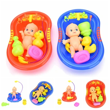 

1 Set Baby Doll in Bath Tub with Duck +Shower Accessories Set Kid Pretend Play Toy Bath Toys Wholesale Random colors