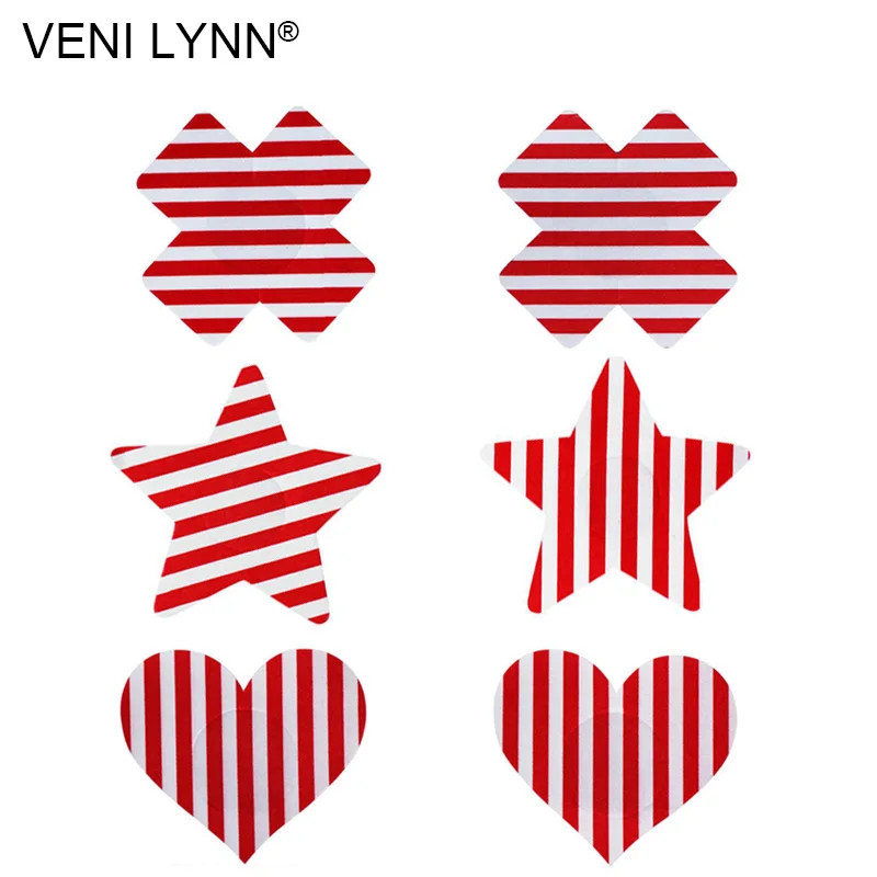 

VENI LYNN 3 Pairs Red White Stripe Disposable Nipple Stickers Star Breast Petals Heart Cover Pasties Cross Bra Tape for Women