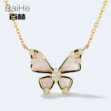 BAIHE Solid 14K Yellow Gold 0.07CT Certified Butterfly shell Genuine Natural Diamonds Engagement Women Fine Jewelry Necklaces