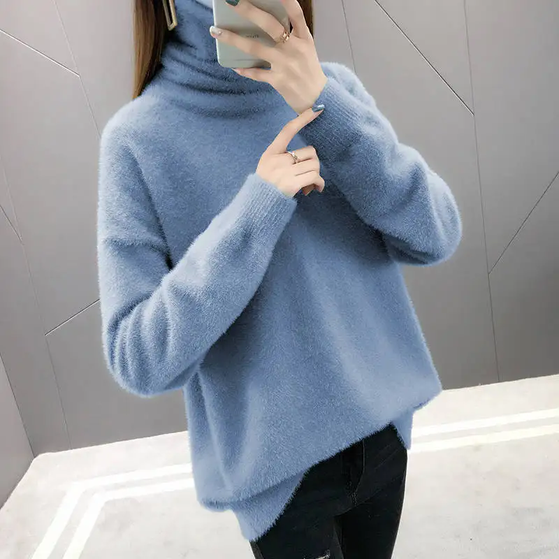 

Faux Mink Cashmere Turtleneck Sweater Women Autumn Winter Pullover Women Sweaters Warm Knitted Pullovers Loose Women Tops C5685