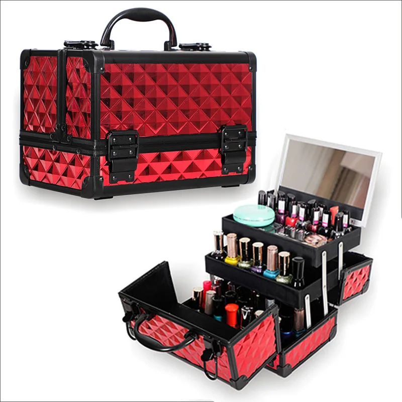 HHYUKIMI alta calidad Marco de aleación de aluminio organizador de maquillaje mujer estuche/bolsa con espejo viaje maletas de gran capacidad - 1