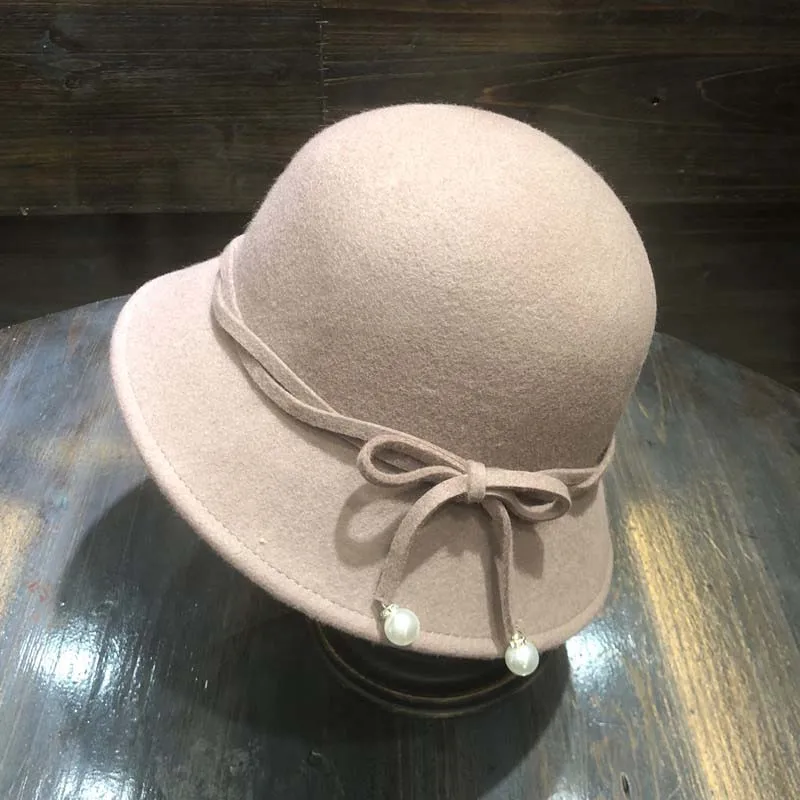 QDKPOTC шерсть мягкая фетровая шляпа с широкими полями чистая фетровая шляпа-котелок жемчужный котелок, Панама шляпа для женщин британский стиль Feminino Джаз церковный Винтаж - Цвет: Розовый