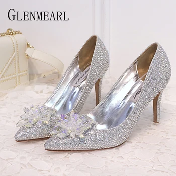 

Woman Wedding Shoes High Heels Rhinestone Brand Women Pumps Luxury Pointed Toe Spring Summer Cinderella Shoes Crystal Sliver DE