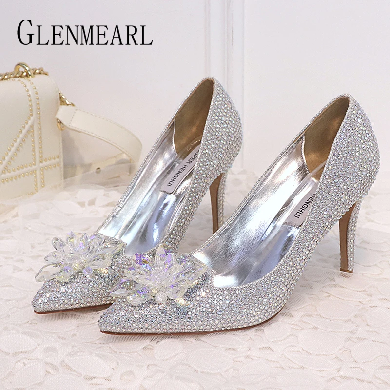 Woman Wedding Shoes High Heels Rhinestone Brand Women Pumps Luxury Pointed Toe Spring Summer Cinderella Shoes Crystal Sliver DE Woman Wedding Shoes High Heels Rhinestone Brand Women Pumps Luxury Pointed Toe Spring Summer Cinderella Shoes Crystal Sliver DE