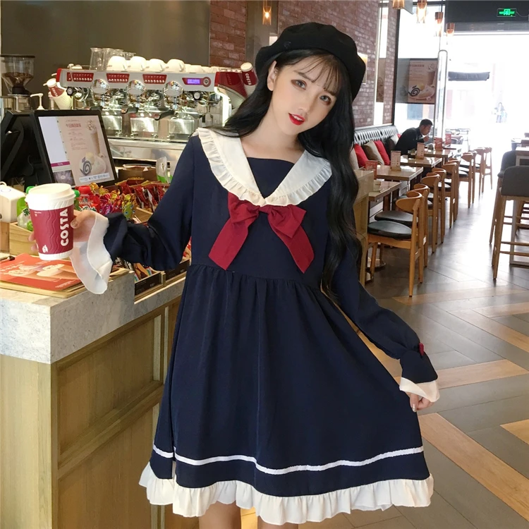 

cosplay costumes mori girls autumn spring Japanese style sailor collar long sleeve red bowknot navy blue dress