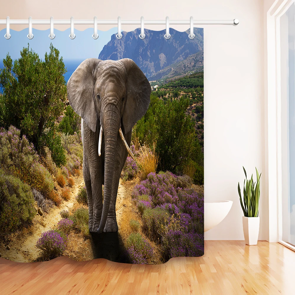 African Wild Elephant Bathroom Decor Waterproof Fabric Shower Curtain & 12 Hooks 