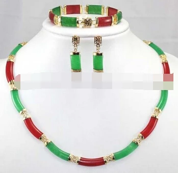 

Jewelry 001420 Real Red & Green Jade Link Necklace Bracelet earrings Set AAA