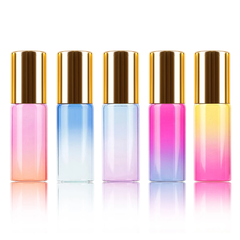 

5pcs Gradient Roll on Roller Bottle for Essential Oils Refillable Perfume Bottle Deodorant Containers with Gold Lid Containers