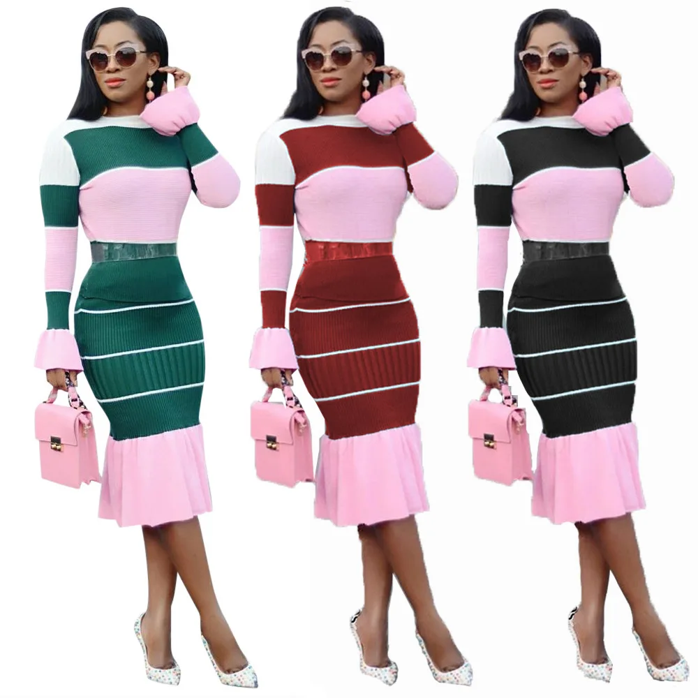 

2018 Autumn Winter Women Dresses O-Neck Full Ruffles Sleeve Stripe Fashion Casual Sexy Bodycon Bandage Night Midi Dress B9116