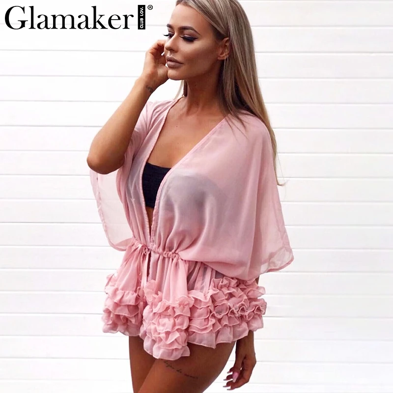 

Glamaker Ruffle chiffon blouses shirts Women spring beach kimono white sexy blouse top Female boho batwing sleeve shirt top tees
