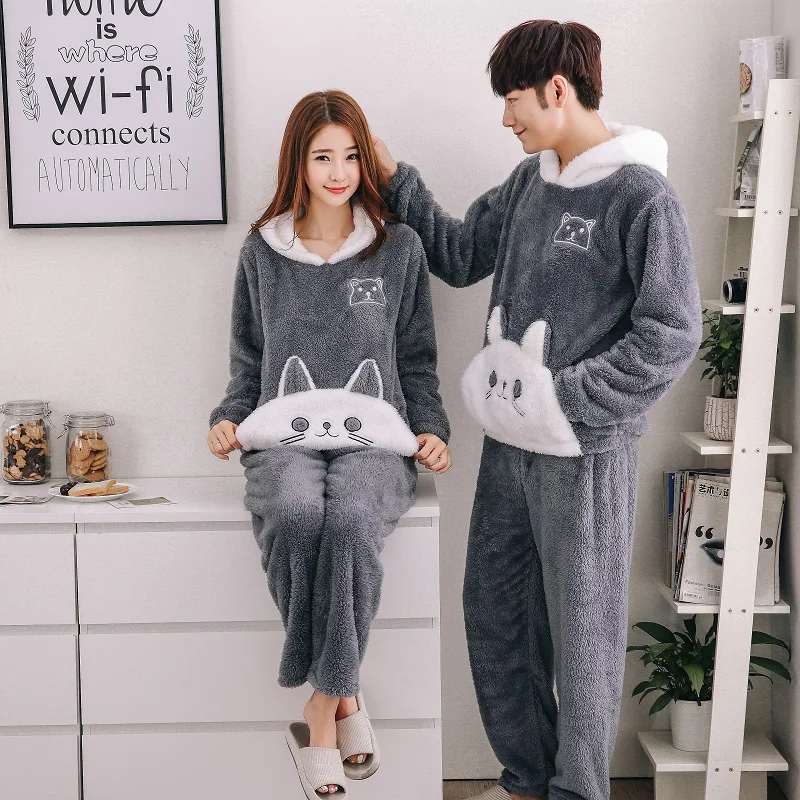 2019 фланелевые пары плюшевые пижамы набор зима уплотненный с капюшоном для мужчин пижамный комплект длинные брюки для девочек кошка