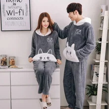 2019 Flannel Couples Plush Pajamas Set Winter Thicker Hooded Men Pyjama Set Long Pants Cat Animal Cartoon Printed Pijamas hombre 2019 Flannel Couples Plush Pajamas Set Winter Thicker Hooded Men Pyjama Set Long Pants Cat Animal Cartoon Printed Pijamas hombre