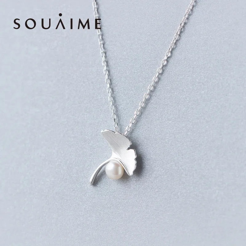 

Souaime 2018 Rushed Promotion Plant Trendy 925 Sterling Necklace Female Sweet Ginkgo Leaves Natural Freshwater Pearl Girl Gift