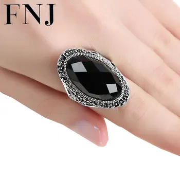 

Big Black Red Stone Ring 925 Sterling Silver anillos Wedding Adjustable S925 Thai Silver Rings for Women