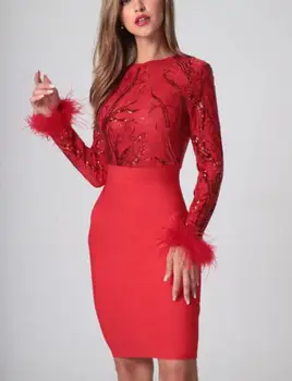 

Bandage Dress High Quality Sexy Sequined Women Feathers Night CLub Celebrity Bodycon Evening Party Dresses