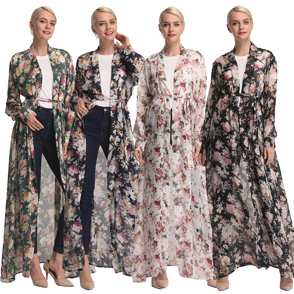 

2019 New fashion Kimono women open abaya flower print Chiffon Muslim Long Maxi Dress caftan marocain islamic clothing