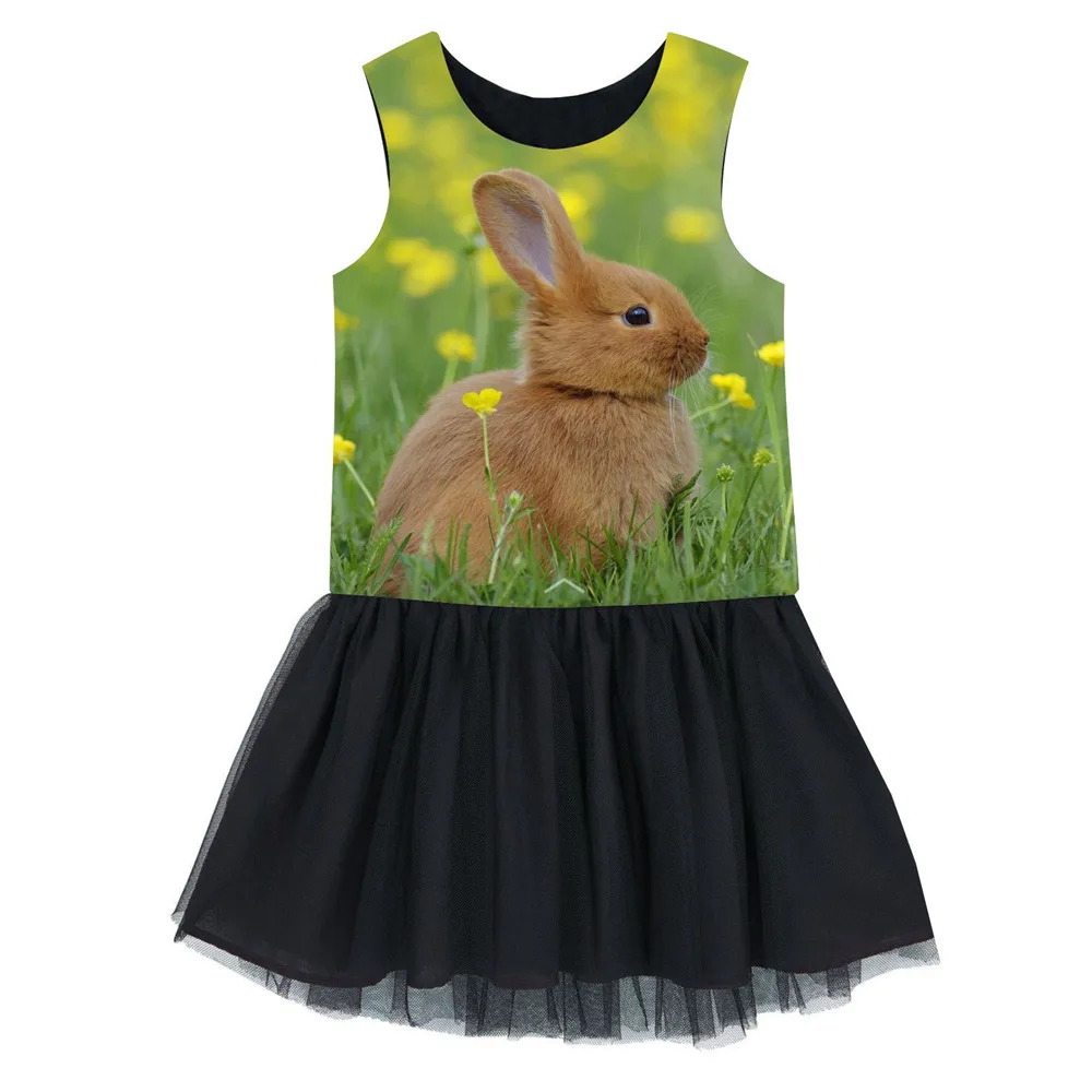 girls clothes kids dress fashion Rabbits in the grass printing New