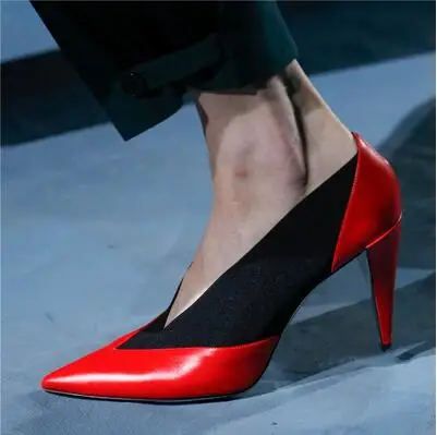 

2019 Spring New Sexy Woman Sliver Black Red Pink Patchwork Pointed Toe V Shape Slip On 80 mm Spike Heels Party Pumps Big Size 43