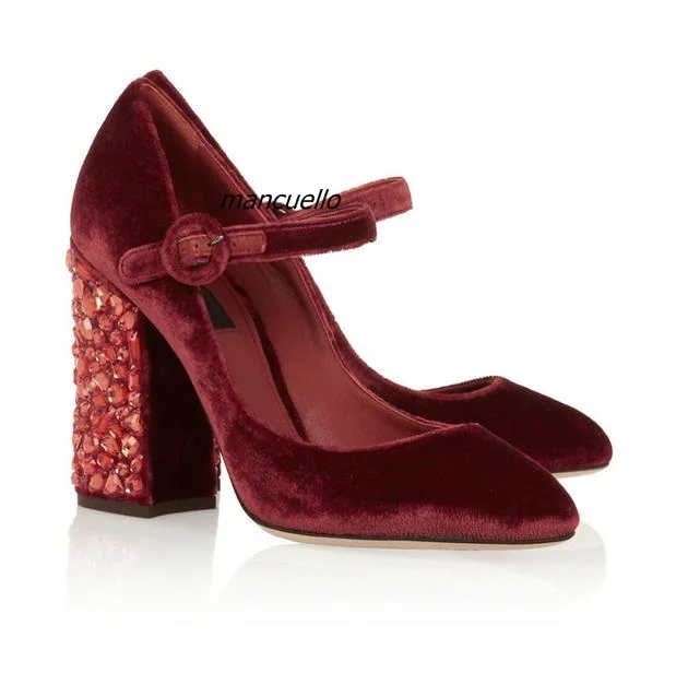 

Glamorous Red Suede Line Buckle Style Block Heels Women Round Toe Crystal Decoration Chunky High Heel Pumps Retro Wedding Shoes
