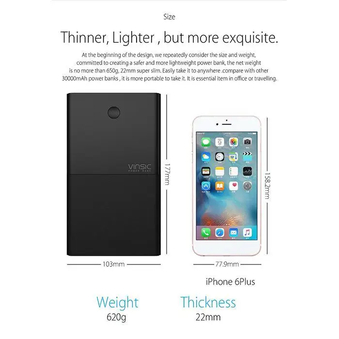 VINSIC 30000 мАч запасные аккумуляторы для телефонов Dual USB внешний батарея зарядное