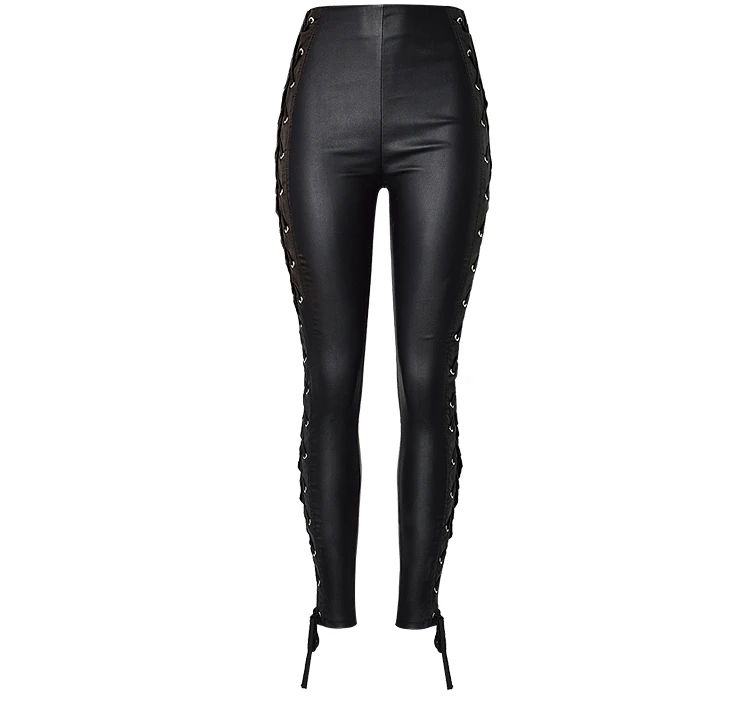 Женские брюки с высокой талией, брюки из искусственной кожи, стрейчевые, одноцветное на бретелях, узкие брюки, женские длинные брюки, уличная одежда, черные длинные джинсы - Цвет: Черный