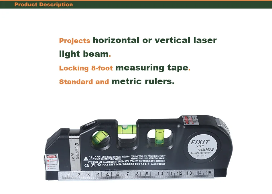 Лазерный уровень Горизонт Вертикальная мера 8 футов выравниватель стандартный и метрический линейка многоцелевой измерительный уровень Лазерный черный с подарком
