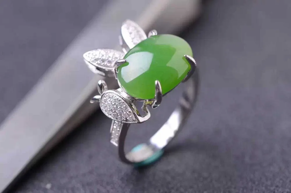 

Natural green jasper gem Ring Natural gemstone ring S925 sterling silver trendy Elegant Lovely rabbit women girl party Jewelry